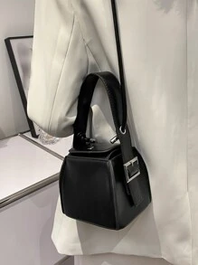 Mini Snap Button Bucket Bag - Black - View 2