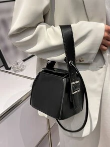 Mini Snap Button Bucket Bag - Black - View 4