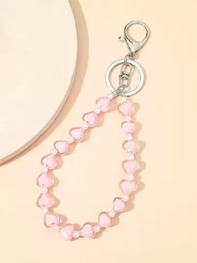 1pc Women Heart Shaped Beaded Keychain, Translucent Candy-Color Fashion Bag Charm Accessory Valentine's Day Valentines Car Accessories School Cute Goth Y2k Bag Lanyards With Id Holder Car Accessories Bag Charms