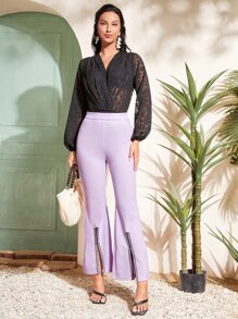 BizChic Contrast Trim Split Hem Flare Leg Trousers - Lilac Purple - View 4