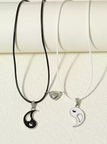 2 chiếc vòng cổ đôi hình trái tim rỗng âm dương bằng da PU - Đen và trắng - Xem 1