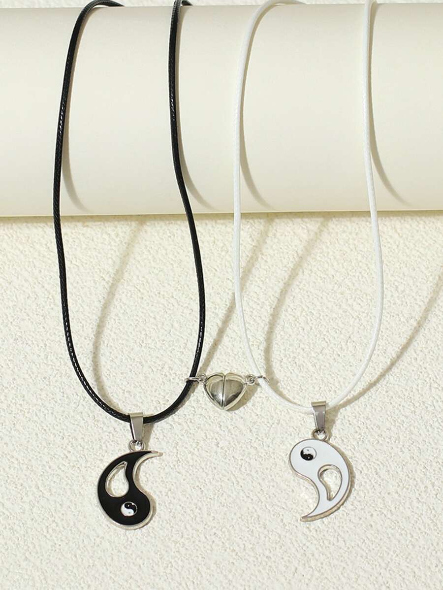 2 chiếc vòng cổ đôi hình trái tim rỗng âm dương bằng da PU - Đen và trắng - Xem 1