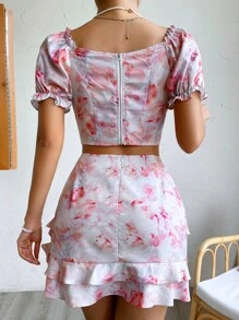 SHEIN Unity 印花胸部褶皺泡泡袖短款上衣帶多層半身裙 - 彩色 - 查看 2