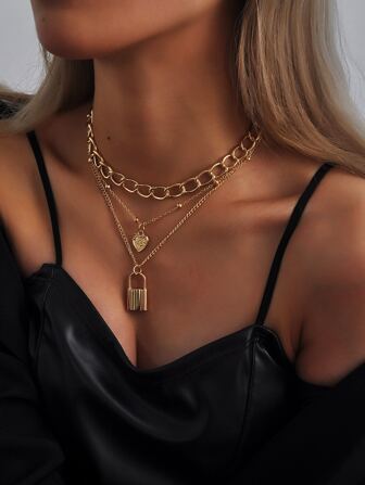 Heart & Lock Charm Layered Necklace Valentines,Mom,Mother,Mother's Day,Gift