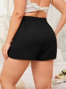 Plus Pom Pom Trim Tie Front Shorts - Black - View 2