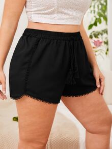 Plus Pom Pom Trim Tie Front Shorts - Black - View 3