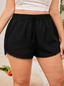 Plus Pom Pom Trim Tie Front Shorts - Black - View 4