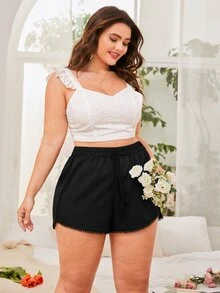 Plus Pom Pom Trim Tie Front Shorts - Black - View 6