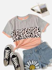 SHEIN Tween Girl Striped & Leopard Print Tee - Multicolor - View 2