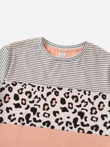 SHEIN Tween Girl Striped & Leopard Print Tee - Multicolor - View 4