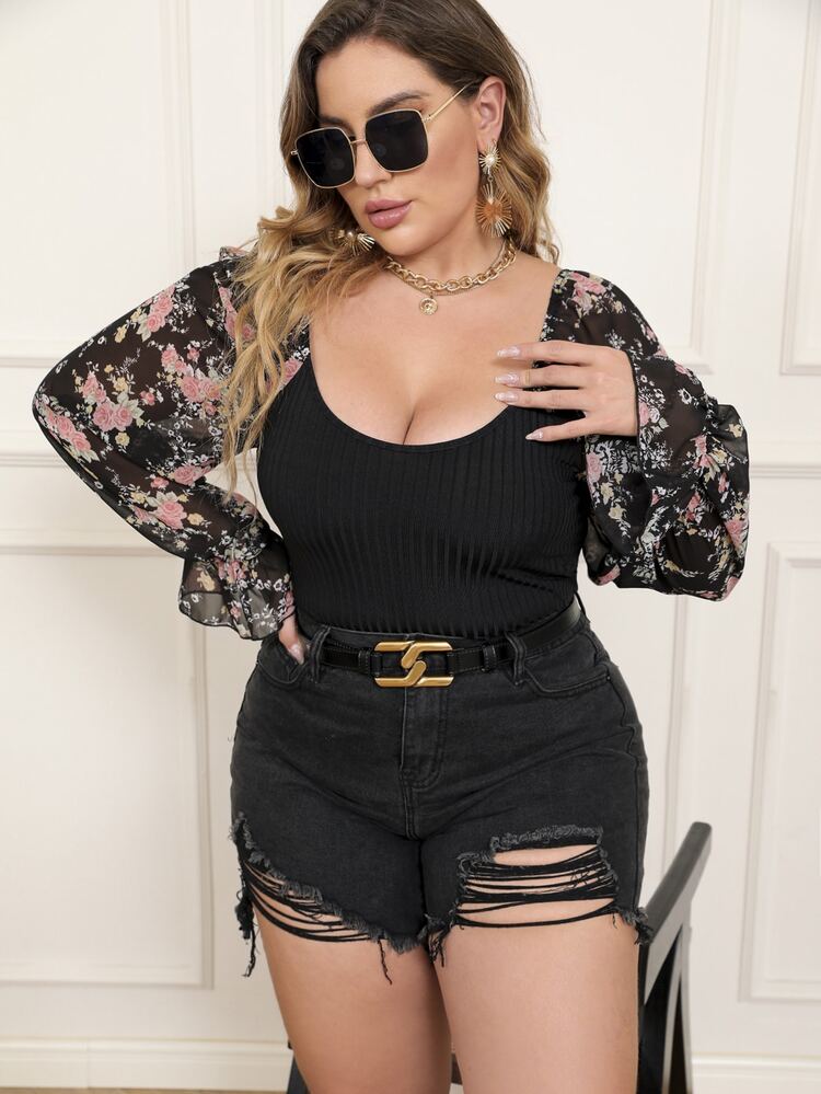 Plus Floral Print Flounce Sleeve Top
