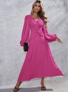 Lantern Sleeve Twist Front Dress - Pink - View 2