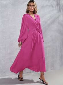 Lantern Sleeve Twist Front Dress - Pink - View 3