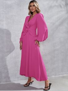 Lantern Sleeve Twist Front Dress - Pink - View 4