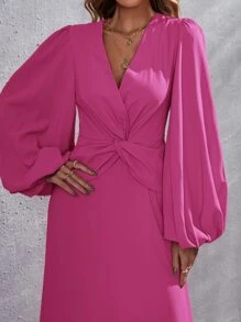Lantern Sleeve Twist Front Dress - Pink - View 5