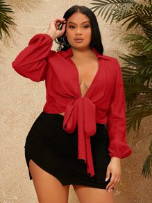 SHEIN SXY Plus Tie Front Crop Top - Red - View 1