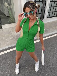 SHEIN ICON 90s Letter Pattern Button Front Romper - Green - View 1