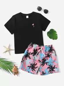 SHEIN Young Boy Coconut Tree Print Tee & Drawstring Waist Shorts - Multicolor - View 1