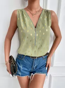 Polka Dot Print Half Zip Tank Top - Lime Green - View 1