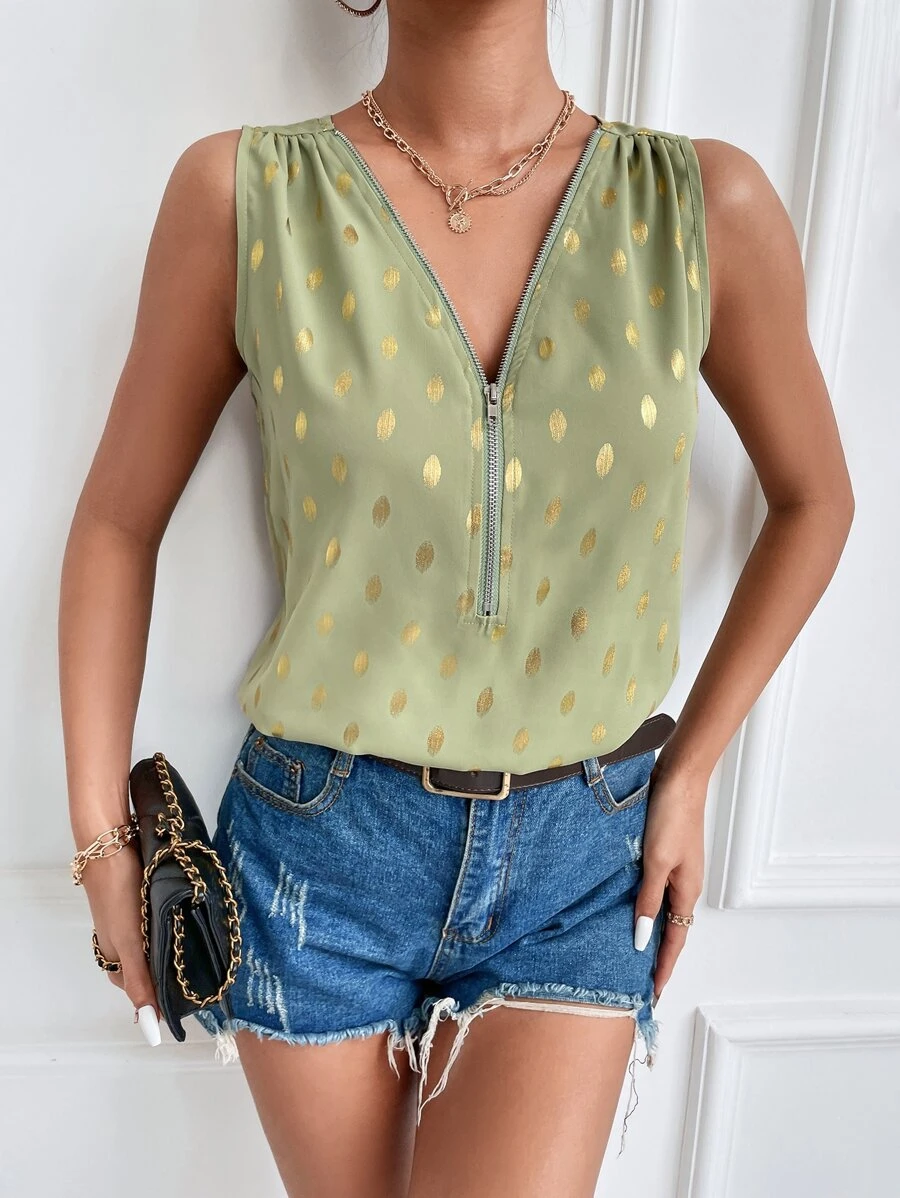 Polka Dot Print Half Zip Tank Top - Lime Green - View 1