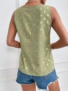 Polka Dot Print Half Zip Tank Top - Lime Green - View 2