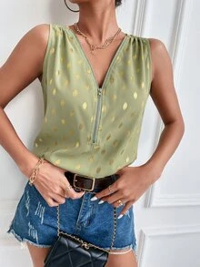 Polka Dot Print Half Zip Tank Top - Lime Green - View 5