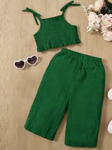 SHEIN Baby Tie Shoulder Shirred Ruffle Trim Cami Top & Pants - Green - View 5