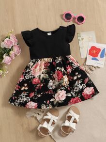 SHEIN Đứa bé gái In hoa áo tay bướm Đầm - Nhiều màu - Xem 1