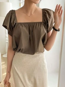 DAZY Blusa unicolor de manga mariposa de cuello cuadrado - Marrón Mocha - Ver 1