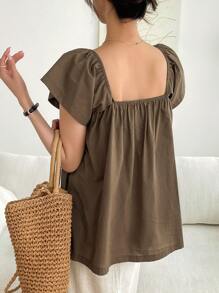 DAZY Blusa unicolor de manga mariposa de cuello cuadrado - Marrón Mocha - Ver 2