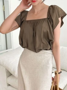 DAZY Blusa unicolor de manga mariposa de cuello cuadrado - Marrón Mocha - Ver 3