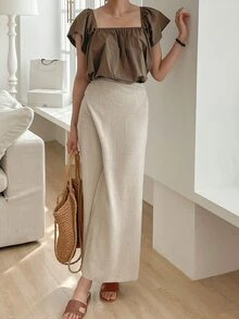 DAZY Blusa unicolor de manga mariposa de cuello cuadrado - Marrón Mocha - Ver 4