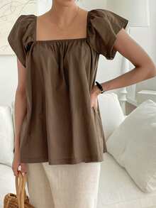 DAZY Blusa unicolor de manga mariposa de cuello cuadrado - Marrón Mocha - Ver 8