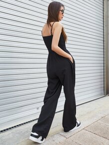 DAZY Solid Shirred Pocket Side Cami Jumpsuit - Black - View 2
