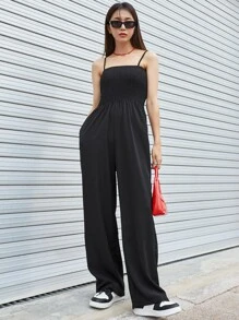 DAZY Solid Shirred Pocket Side Cami Jumpsuit - Black - View 4