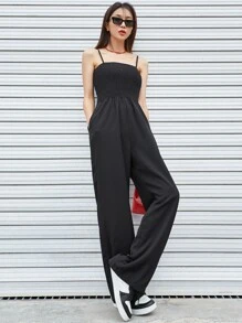 DAZY Solid Shirred Pocket Side Cami Jumpsuit - Black - View 6