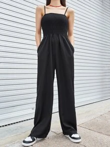 DAZY Solid Shirred Pocket Side Cami Jumpsuit - Black - View 7