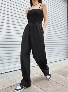 DAZY Solid Shirred Pocket Side Cami Jumpsuit - Black - View 8