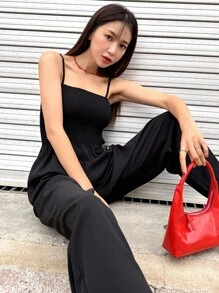 DAZY Solid Shirred Pocket Side Cami Jumpsuit - Black - View 9