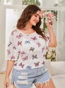 CovetEZ Plus Butterfly Print Mesh Top - Clear - View 3