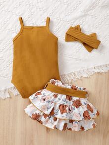 嬰兒女童蕾絲背心連身衣&花卉印花分層式腰帶裙&髮帶 - 彩色 - 查看 2