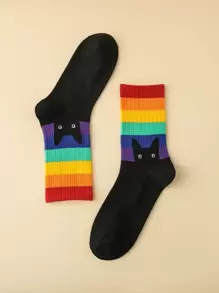 Calcetines de tripulación LGBT de rayas de arcoíris & con estampado de gato - Multicolor - Ver 2
