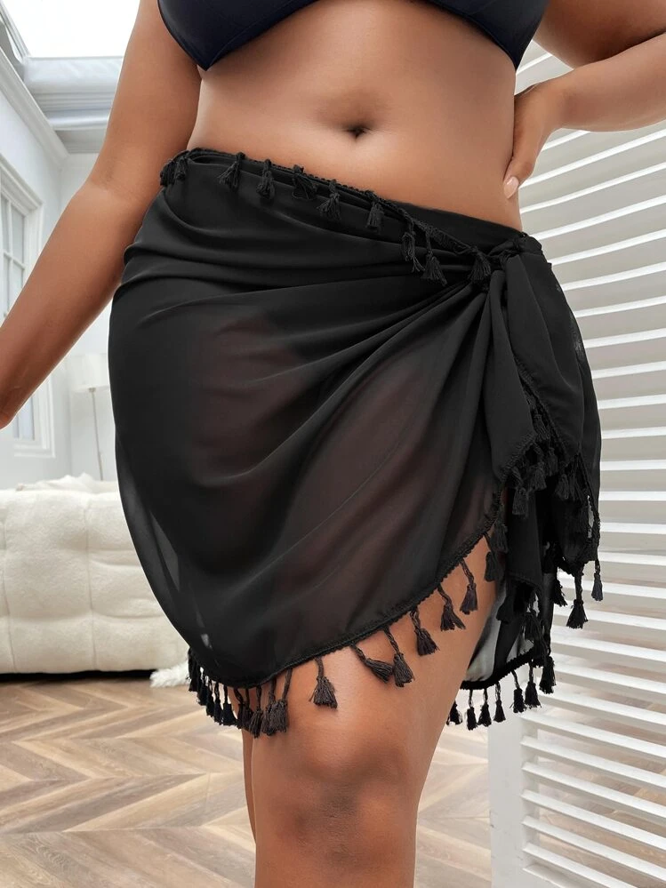 SHEIN Swim Curve Plus Tassel Trim Knot Side Beach Skirt,Summer Beach - Black - View 1
