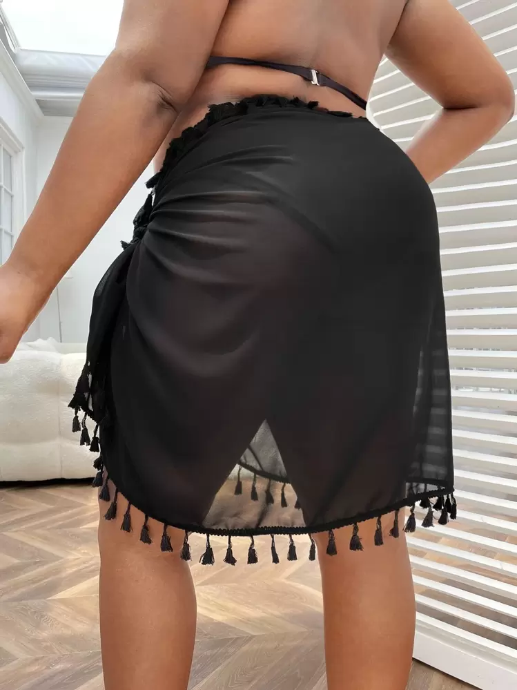 SHEIN Swim Curve Plus Tassel Trim Knot Side Beach Skirt,Summer Beach - Black - View 2