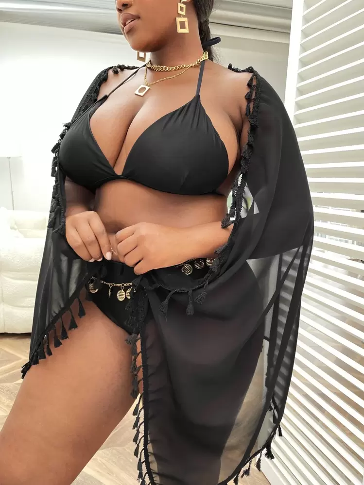 SHEIN Swim Curve Plus Tassel Trim Knot Side Beach Skirt,Summer Beach - Black - View 4