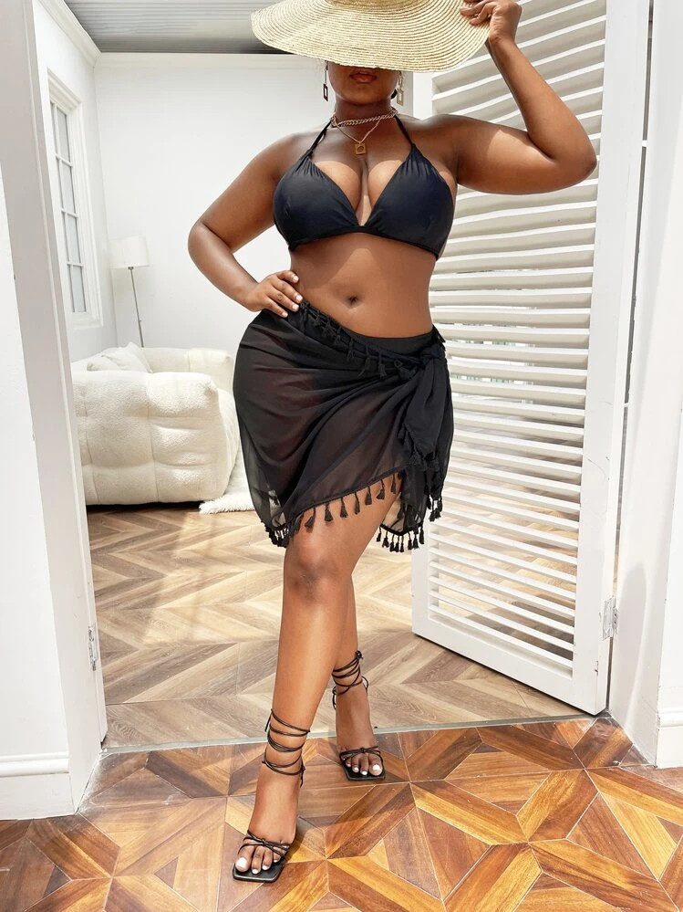 SHEIN Swim Curve Plus Tassel Trim Knot Side Beach Skirt,Summer Beach - Black - View 6