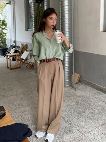 DAZY Button Up Drop Shoulder Shirt,Fall Clothes Preppy Tops Long Sleeve Top - Mint Green - View 3