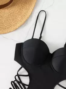 Swim SXY Summer Beach Criss Cross Push Up One Piece Swimsuit - Black - View 5