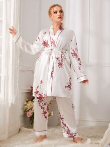 Bata con cinturón de satén con estampado floral ribete en contraste con pantalones - Blanco - Ver 1
