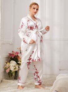 Bata con cinturón de satén con estampado floral ribete en contraste con pantalones - Blanco - Ver 4